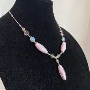 Beautiful Hand Made Art Glass Vintage Pink Molded Barrel Beads Lariat Necklace